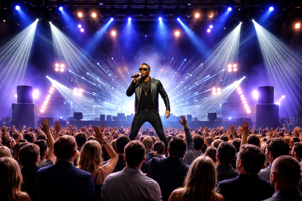 Live concert with crowd and professional AV lighting setup