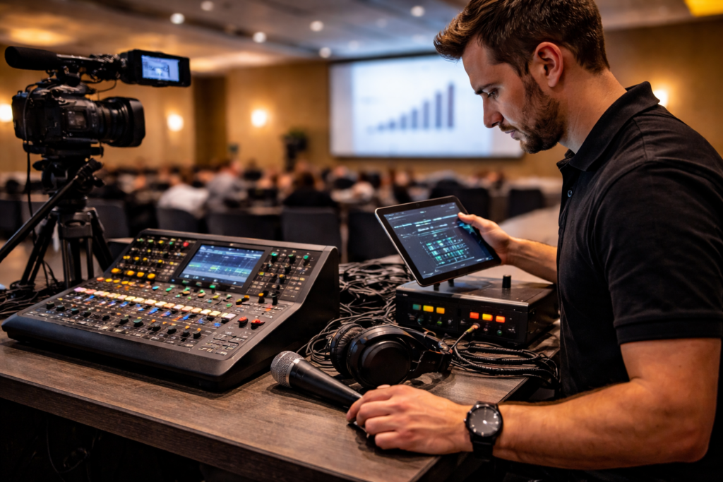 AV technician managing conference setup