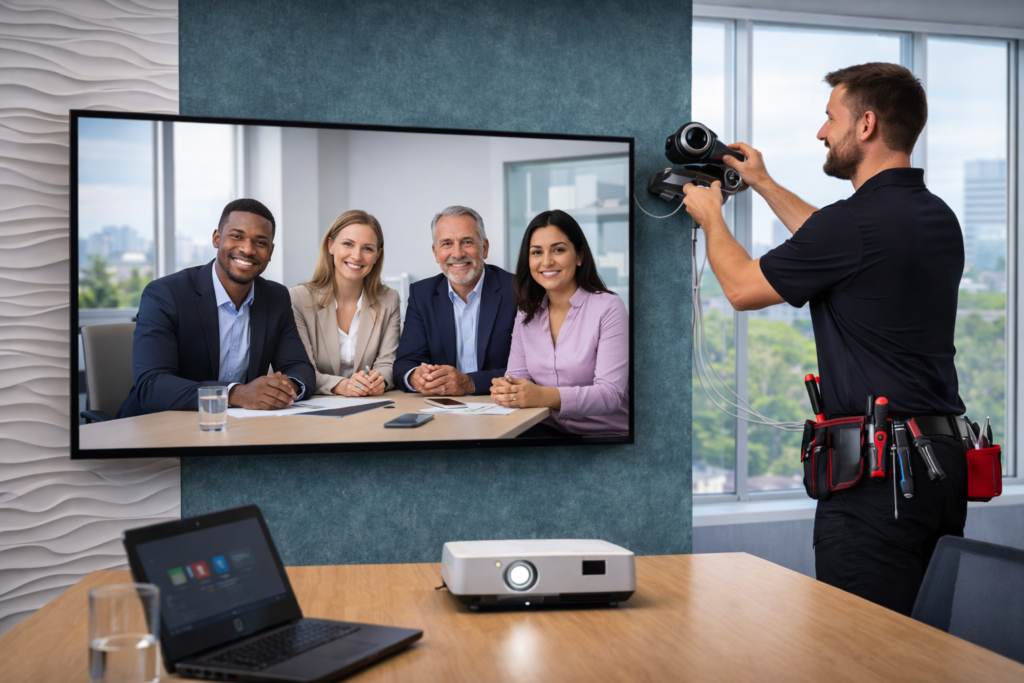 Office meeting setup with technician adjusting camera and projector displaying virtual team