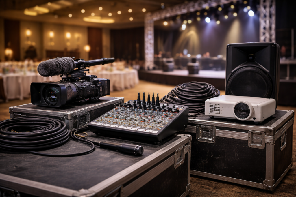 AV equipment setup at a live event venue