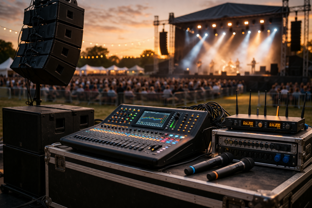 Outdoor PA system setup at live concert event