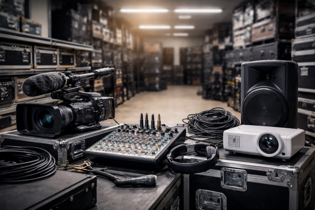AV gear setup in storage room