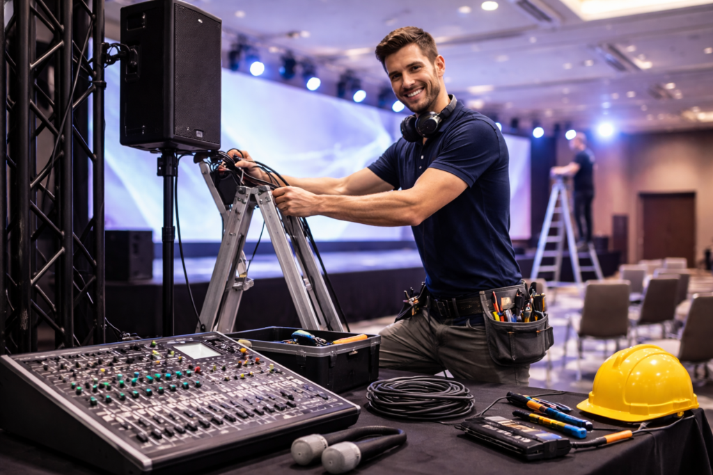 AV technician setting up event equipment