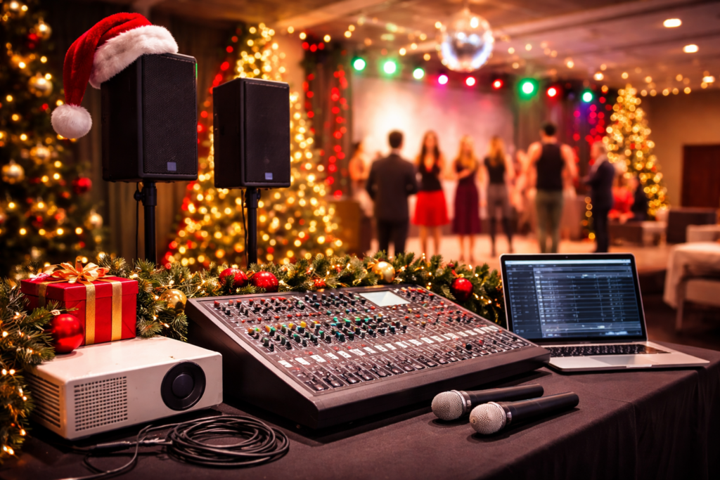Christmas party setup with AV equipment