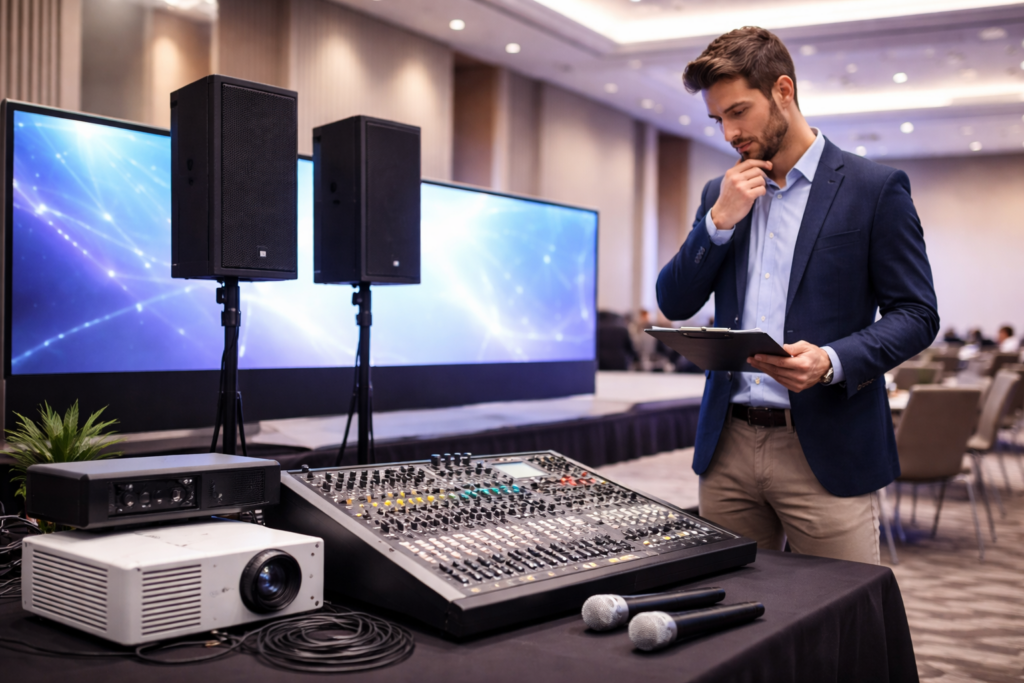 Event manager inspecting AV equipment
