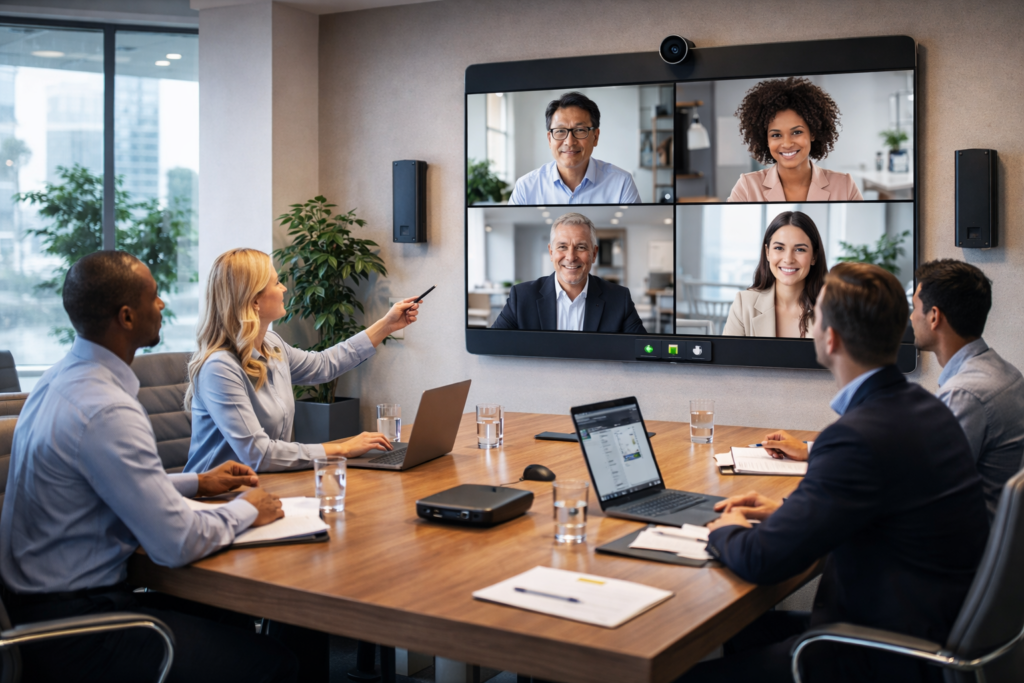 Video conference in modern meeting room