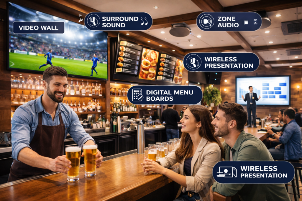 Modern pub with tech and drinks