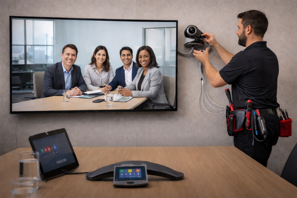 AV technician installing conference camera