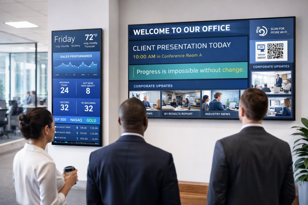 Corporate office lobby with digital signage