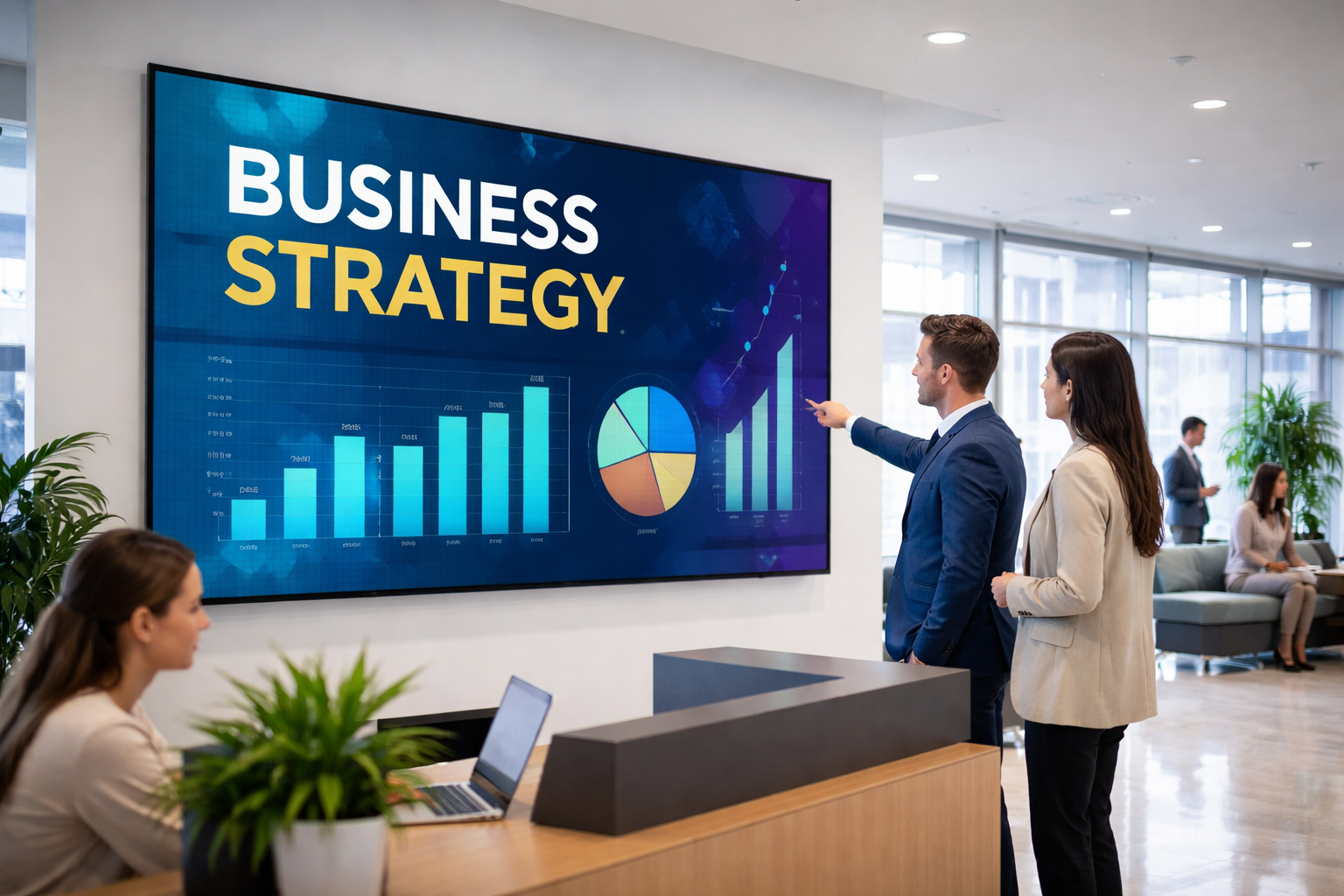 Modern office lobby with digital display