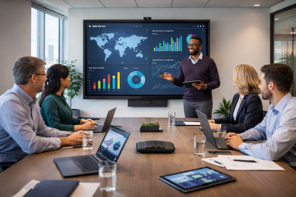 Business meeting using smart boardroom technology and digital display