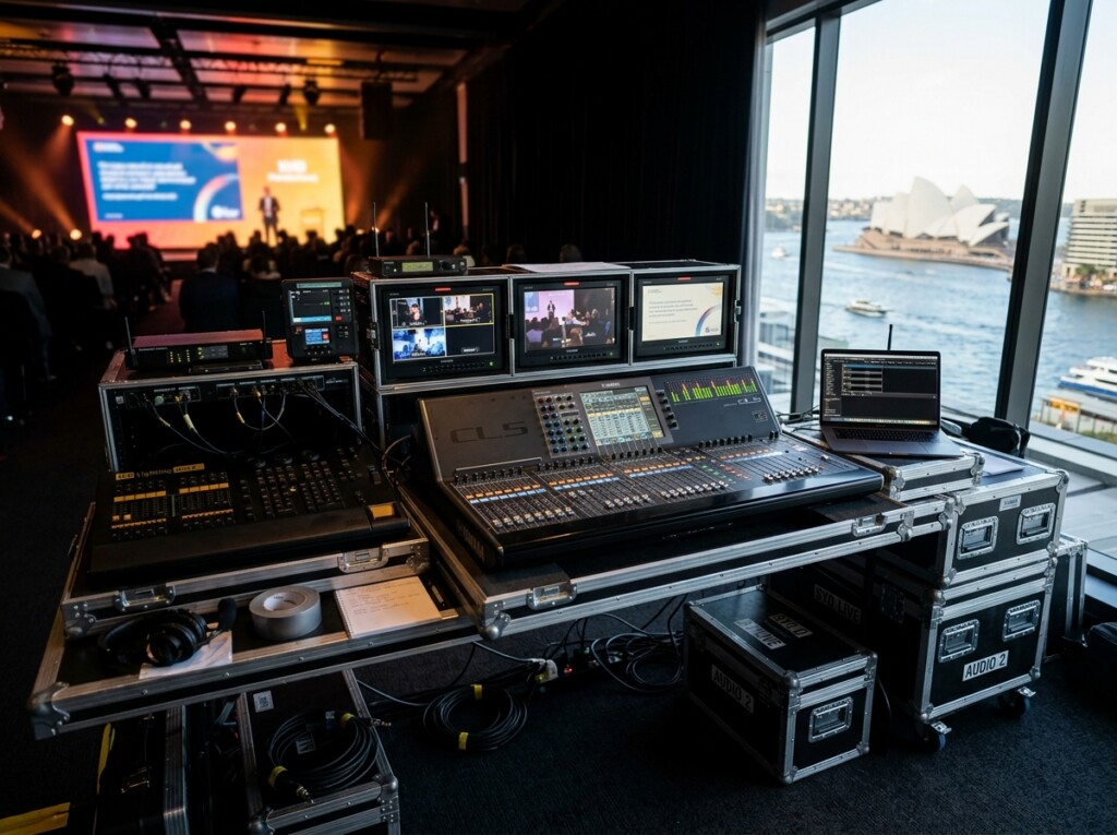 AV technician's mixing console and equipment setup at a Sydney event
