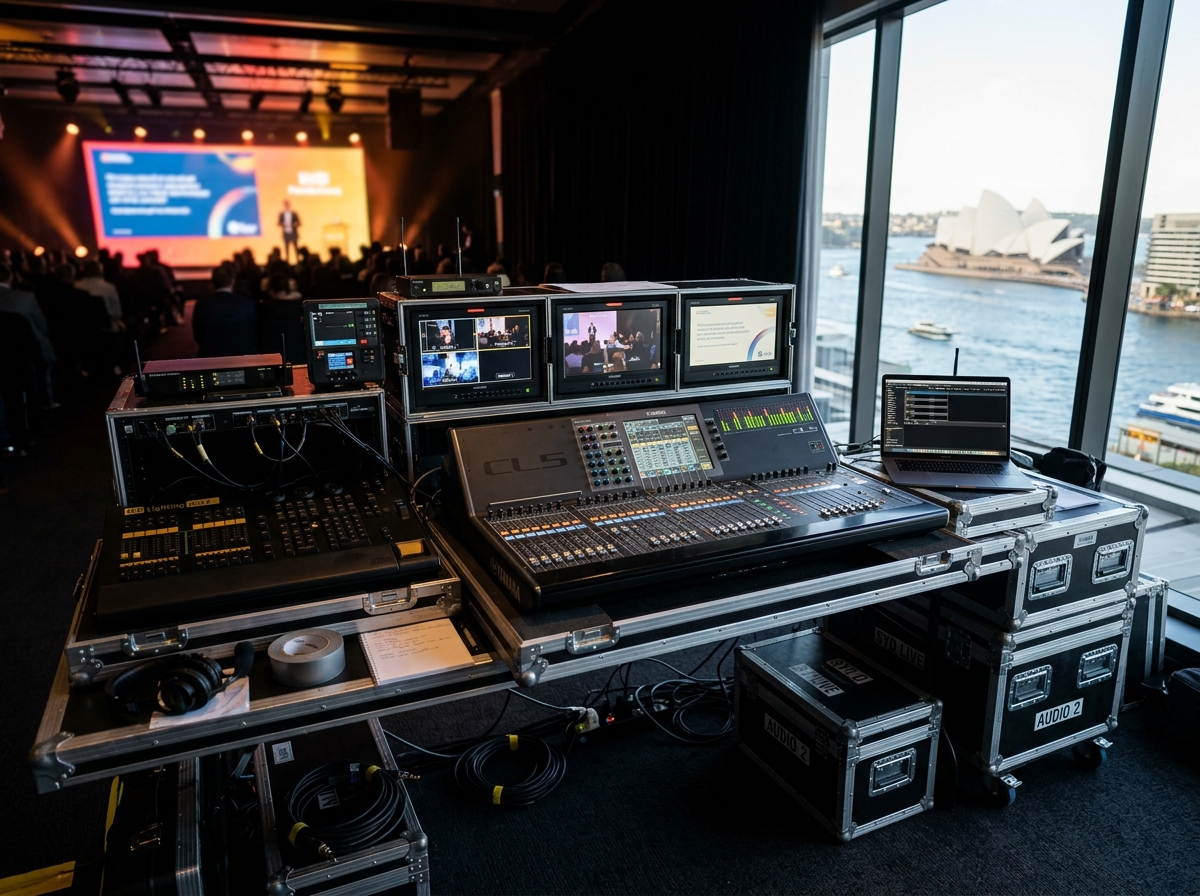 AV technician's mixing console and equipment setup at a Sydney event