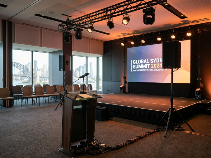 Professional AV equipment setup with LED screen and lighting at a Sydney event venue