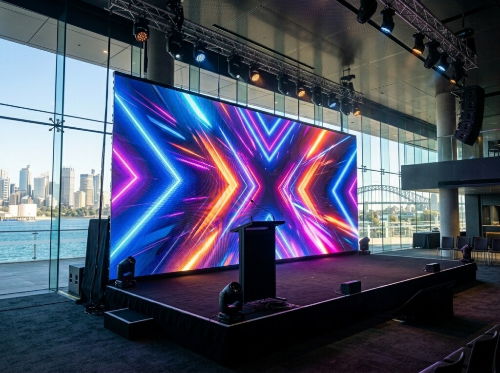 Large LED video wall lit up at an evening event in Sydney