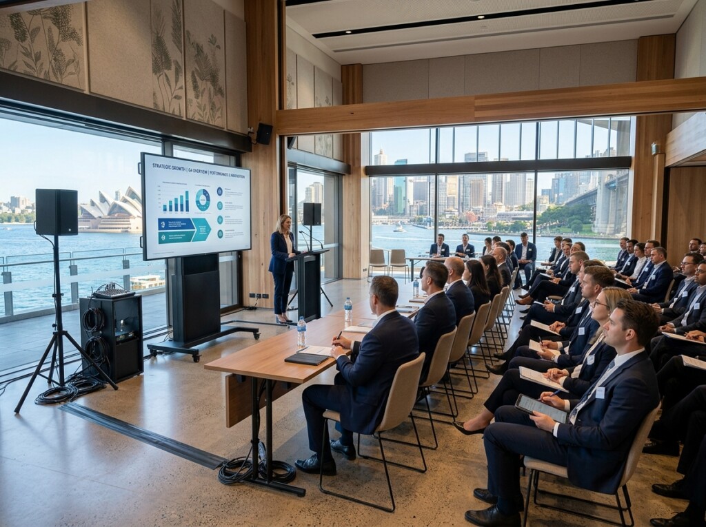 TV hire setup at a corporate event in a modern Sydney conference venue.