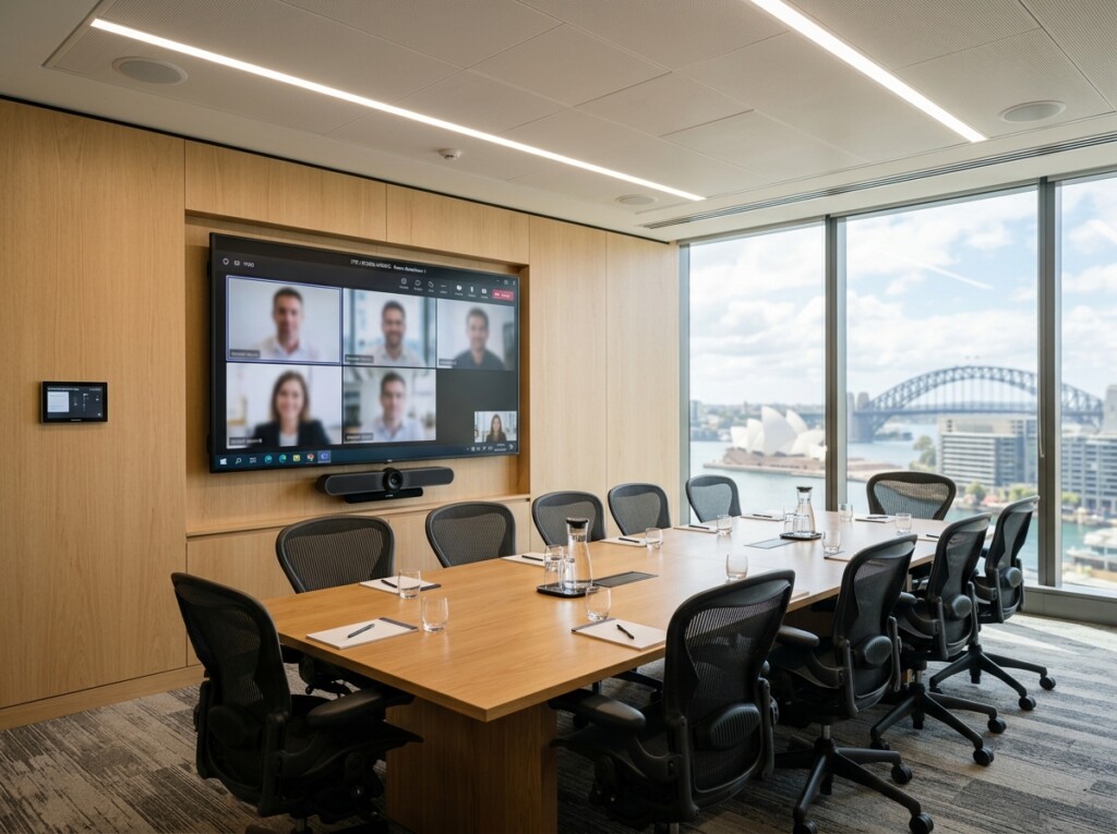 Integrated AV display and video conferencing system in a Sydney corporate boardroom