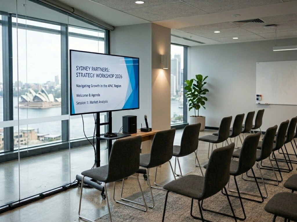 Large TV display on a stand set up for a presentation in a Sydney meeting room